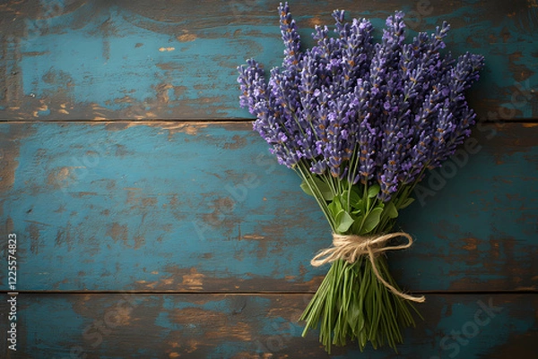 Fototapeta A beautiful lavender bouquet tied with rustic twine on a wooden background, perfect for rustic weddings and floral decor