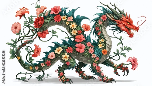 Fototapeta A vector artwork of a dragon whose body is composed of interwoven flowers and vines, with intricate details in the scales and petals.