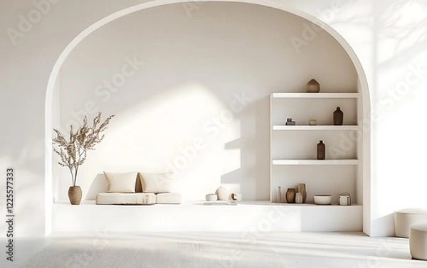 Fototapeta Modern white wall featuring floating shelves and a soft arch, minimalist home interior with clean lines and simple decor, neutral tones