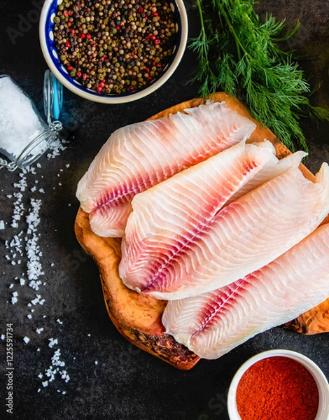 Fototapeta Fresh fish fillet with ingredients for cooking and seasonings on the chopping board