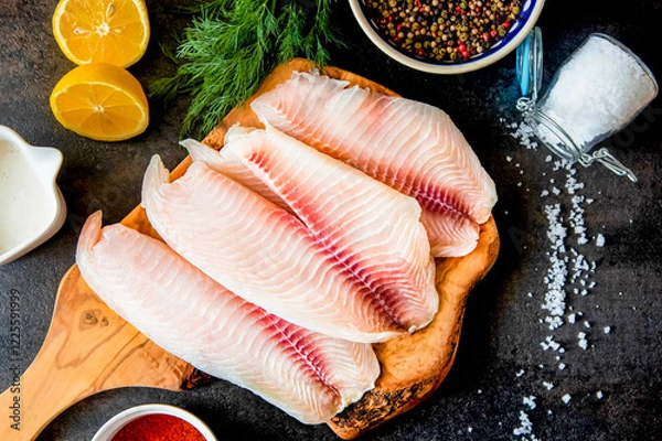 Fototapeta Fresh fish fillet with ingredients for cooking and seasonings on the chopping board