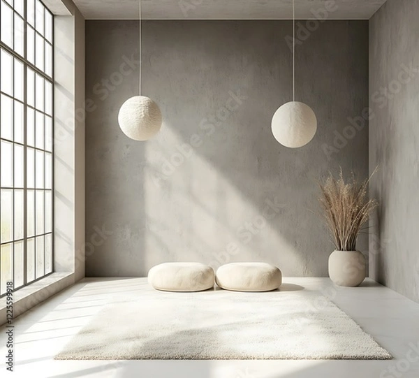 Obraz Scandinavian minimalistic room design, textured gray wall, white floor with a neutral carpet, two spherical pendant lights, and a spacious area for text placement