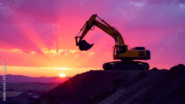 Obraz An excavator is perched majestically on top of a hill, taking in the breathtaking view as the sun sets on the horizon, painting the sky with vibrant colors