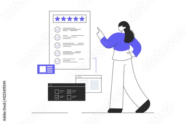 Fototapeta Online survey concept. Feedback service. Woman Give feedback, choose answers, make decisions and research. Flat Cartoon Vector Illustration, icon. Stylish abstract  