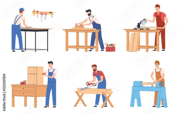 Fototapeta Carpenters with different tools. Woodworking. Making wooden furniture. Creating wooden structures. Vector illustrations