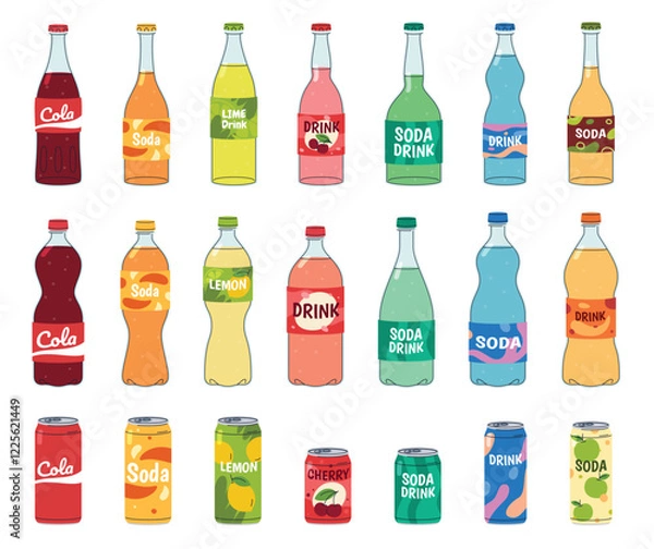 Fototapeta Set of bottles with carbonated soft drinks. Refreshing sweet water. Beautiful colored drinks in a supermarket. Vector illustration