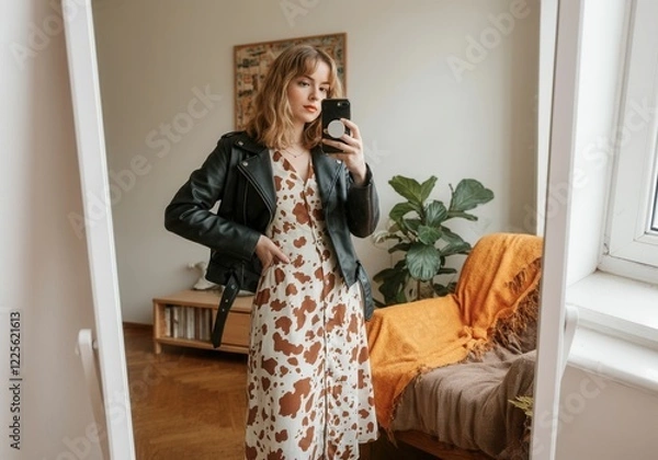 Fototapeta Caucasian female in animal print dress and leather jacket taking mirror selfie in cozy room