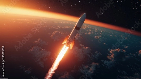 Fototapeta SpaceX Falcon 9 rocket mid-launch, with visible stage separation in progress, the lower stage descending with glowing engines, while the upper stage ascends further into space, Earthâ€™s horizon