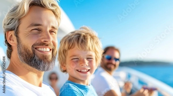 Obraz Father and son enjoying a sunny boat trip with family on a clear blue day