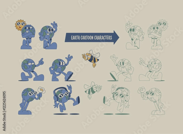Obraz earth mascot cartoon characters in retro style, vector illustration