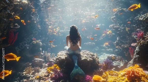 Fototapeta A fantastical underwater scene with a mermaid sitting on a rock, surrounded by colorful fish and coral, magical and serene 