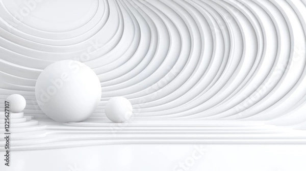 Fototapeta White spheres on undulating platform, minimalist background, abstract design, product display