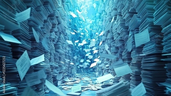 Obraz A surreal digital art piece depicting an endless stream of documents flowing through the air, symbolizing paperless document management in a business office environment. 