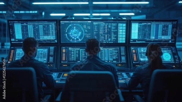 Fototapeta SpaceX engineers in a high-tech control center monitoring satellite operations, multiple holographic displays showing real-time telemetry data, futuristic blue lighting illuminating the space,