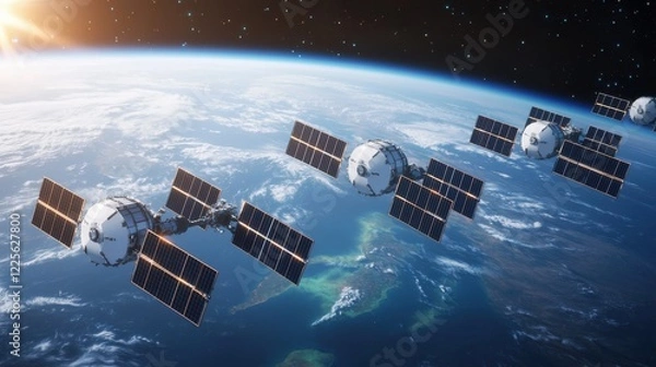 Fototapeta SpaceX satellite constellation in low Earth orbit, multiple satellites arranged in precise formation, their solar panels reflecting sunlight, intricate surface details visible, Earthâ€™s atmosphere