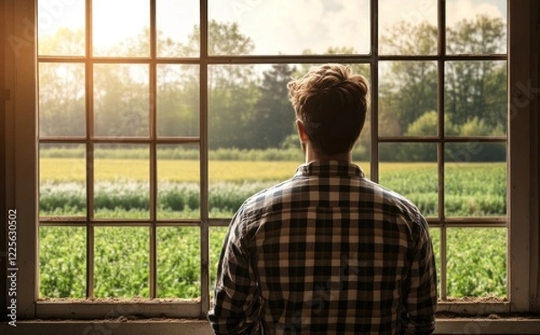 Fototapeta Contemplation by the Window: A Man Gazing at a Rural Landscape