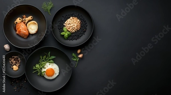 Obraz Three black bowls filled with gourmet fusion dishes on a wooden table for food presentation