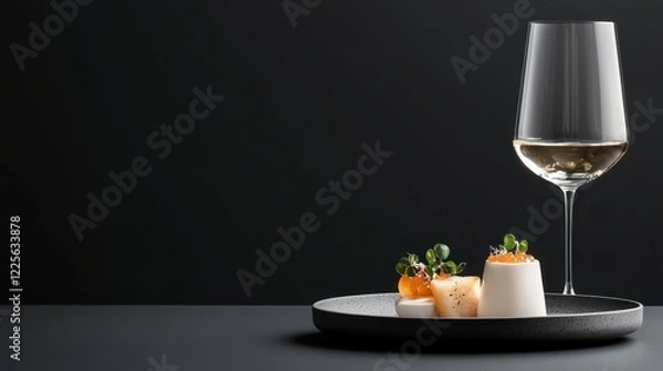 Obraz Plate with glass of wine and gourmet food in upscale dining setting