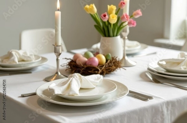Fototapeta Festively decorated table for Easter in pastel colors: Easter eggs, dishes, tablecloth, delicate flowers in a vase, napkins folded in the shape of Easter bunny ears