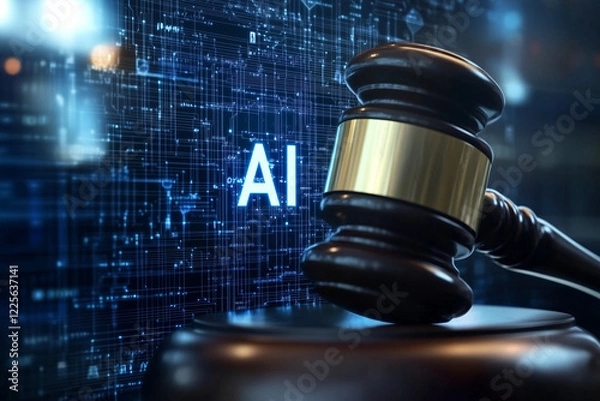 Obraz Wooden judicial gavel tap against technology AI background. Modern laws and legal regulations in US.