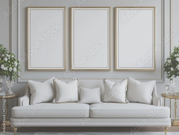 Fototapeta A serene living room featuring a light sofa with plush pillows, framed empty artworks, and stylish greenery accenting the soft, elegant decor.