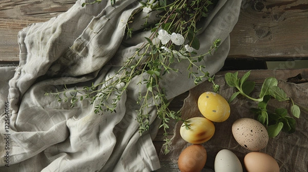 Obraz Rustic Easter Eggs with Herbs on Table
