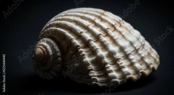 Fototapeta Close-up of textured sea shell with ridged pattern on a dark background