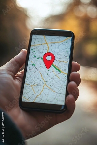 Fototapeta Person holds a smartphone showing a gps navigation app with a red location pin indicating a specific point on the map