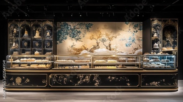 Fototapeta Elegant Bakery Display with Exquisite Pastries and Sophisticated Design