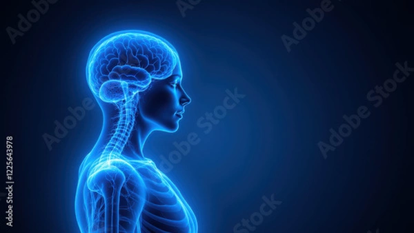 Obraz VNS, Vagus Nerve Stimulation - a detailed medical illustration of a human head with highlighted brain and nervous system, showcasing the location of this procedure.