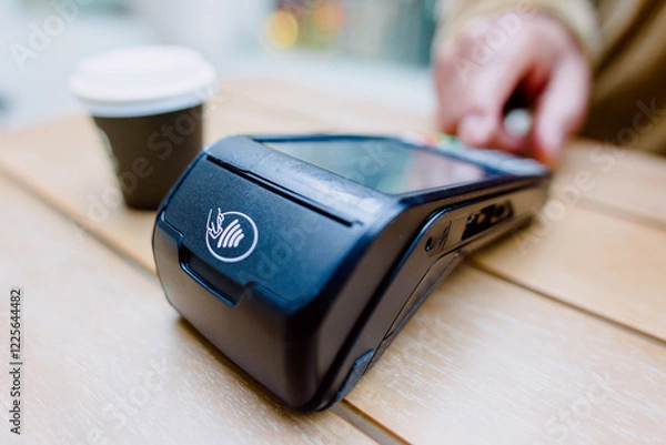 Fototapeta Contactless payment system with nfc technology on pos terminal being used by customer for purchase in cafe
