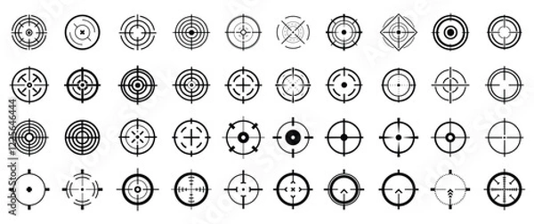 Fototapeta Crosshair, gun sight vector icons. Bullseye, black target or aim symbol. Military rifle scope, shooting mark sign. Targeting, aiming for a shot. Archery, hunting and sports shooting. Game UI element.