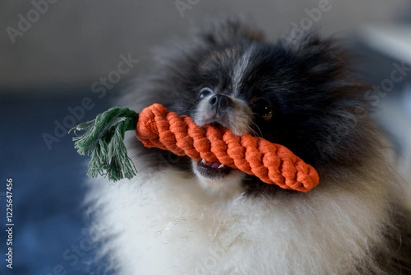 Fototapeta the large muzzle of a Pomeranian dog holds an orange knitted toy in the shape of a carrot