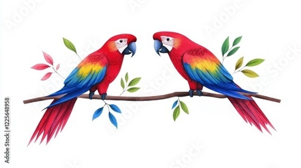 Fototapeta Scarlet Macaws on Branch - Two vibrant scarlet macaws perched on a branch with green leaves, isolated on a white background.  Perfect for nature, wildlife, and tropical themes.