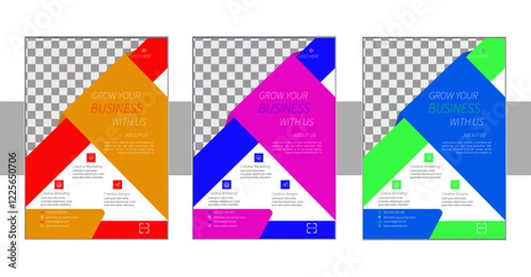 Fototapeta  A bundle of 3 templates of different colors a4 flyer template, modern business flyer template,  Business abstract vector template. Brochure design, cover modern layout, annual report, poster.