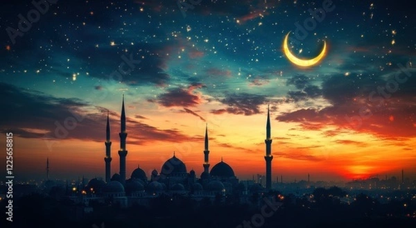 Fototapeta Majestic Silhouette of a Mosque Against a Starry Night Sky with Crescent Moon and Vibrant Sunset Hues Showcasing Serene Atmosphere and Spiritual Beauty