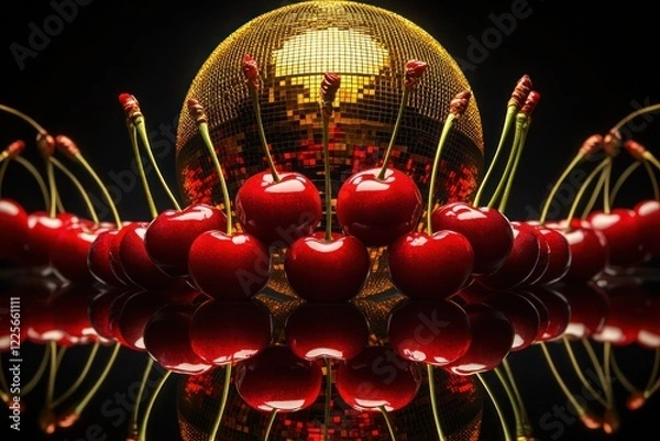 Fototapeta A preppy poster design combining bright red cherries with intricate reflections of a golden disco ball in a sleek, minimalistic composition.