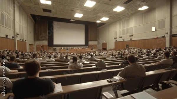 Fototapeta Large auditorium filled with students attending a lecture or presentation.