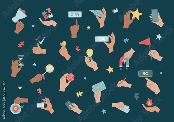 Obraz Hands gestures with holding management objects. Arm holding various stuff, coins, cards, money, phones, pencil, light bulb. Business processes in metaphor concept. Set of vector illustration.