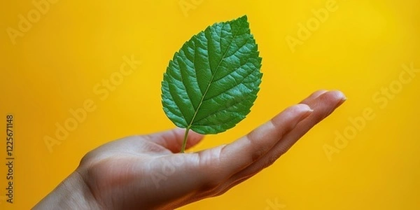 Fototapeta Green leaf held gently in hand against a bright yellow background, symbolizing nature and care