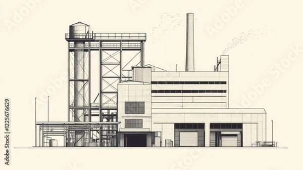 Fototapeta Sketch of an industrial power plant with tall chimney, water tower, and loading docks.
