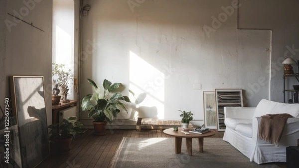 Fototapeta A serene living room featuring a modern white sofa, plants, and artwork, creating a calm and inviting atmosphere.