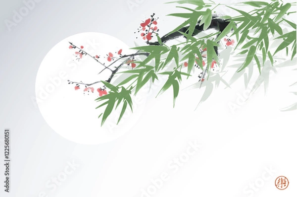 Obraz Delicate ink wash painting of bamboo leaves and plum blossom with big sun on background. Traditional Japanese ink wash painting sumi-e. Hieroglyph - joy