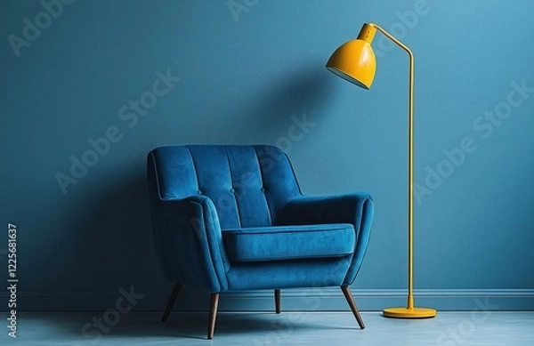 Obraz Minimalist plain white background blue armchair yellow floor lamp soft lighting