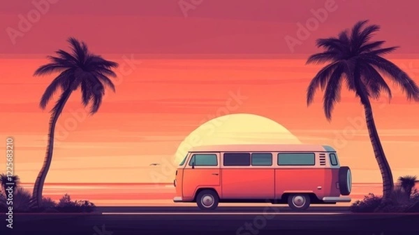 Fototapeta Vibrant vintage surf van at sunset with palm trees evoking summer vibes perfect for retro road trip themes and social media posts
