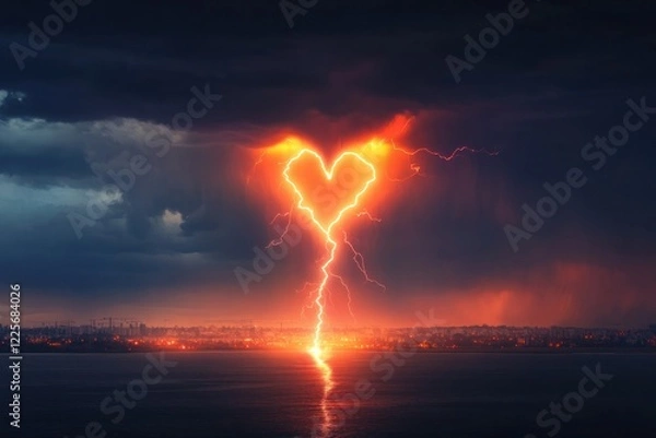 Fototapeta A dramatic thunderstorm with a heart-shaped burst of lightning striking the ground, lighting up the darkened sky and the horizon.