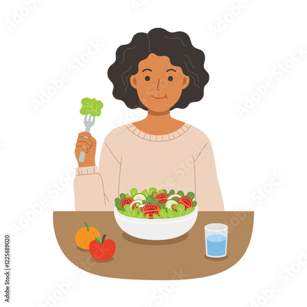 Obraz A woman eating a fresh bowl of salad smiling with a healthy lifestyle. Diet food for life. Healthy foods with benefits. Healthy and vegan food concept.