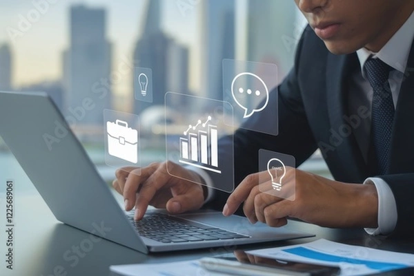 Fototapeta Businessman working on laptop with digital interface showing business ideas, communication, and growth charts.