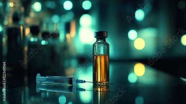 Fototapeta Syringe and vial with amber liquid on a reflective surface in a laboratory