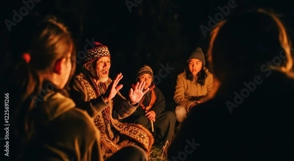 Fototapeta Elderly male storytelling to diverse group around campfire at night